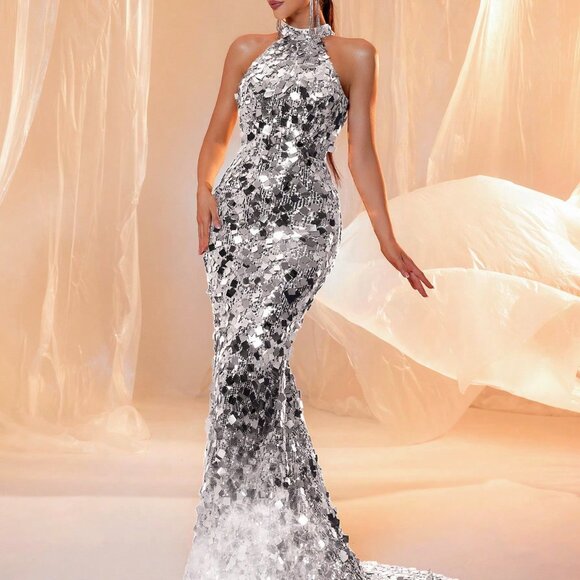 Silver Sexy Women's Sleeveless Backless Sequin Floor Length Evening Gown - Picture 4 of 6